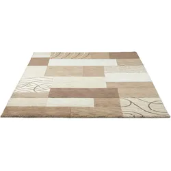 Wollteppich THEKO "Royal Domas 4028", braun, B:60cm H:14mm L:90cm, Schurwolle, Teppiche, Kurzflor, reine Wolle, handgetuftet, modernes Patchwork Design