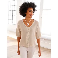 V-Ausschnitt-Pullover HEINE "Pullover", Damen, Gr. 40, beige (elfenbeinfarben), 100% Baumwolle, unifarben, Kurzarm, Pullover