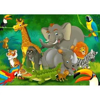 Runa Art Fototapeten 396 x 280 cm Kinderzimmer Tiere Dschungel - Vlies Wanddekoration Babyzimmer - Deutsche Manufaktur - Bunt 9041012a