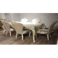 Casa Padrino Luxus Barock Esszimmer Set Grau / Weiß / Gold - 1 Barock Esstisch & 6 Barock Esszimmerstühle mit elegantem Muster - Esszimmer Möbel im Barockstil - Edel & Prunkvoll
