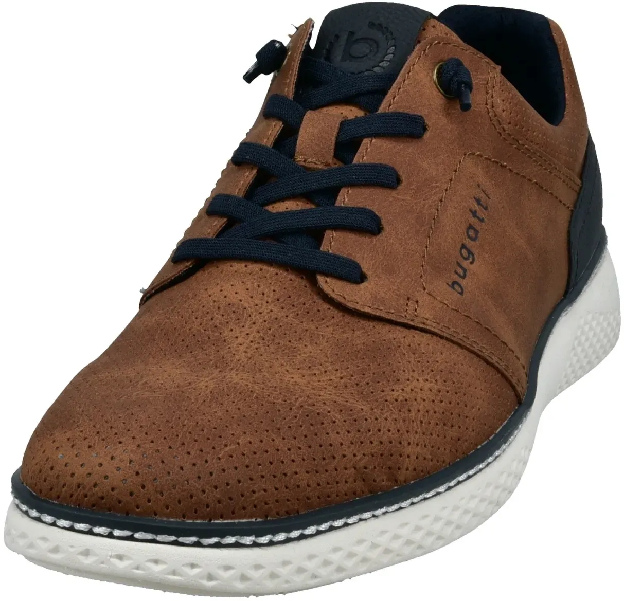 Slip-On Sneaker BUGATTI, Herren, Gr. 43, braun (cognacfarben), Lederimitat, kontrastfarbene Details, Schuhe, Halbschuh, Freizeitsneaker mit Perforation, elastische Schnürsenkel