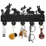 MAYJOYDIY Holz Schlüsselbrett Mit Hasenwiese 30×18.4cm Ostern Hasen Schmetterlinge Blumen An Der Wand Montierte Kleiderbügel 5 Metallhaken Schwarzes Schlüsselbrett Für Eingangsbereich