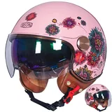 Frauen Motorradhelm mit Doppelvisier, Jet-Helm Chopper Cruiser Vintage Pilot Helmet, Offenes Gesicht Helm, ECE Zertifiziert Motorrad Helm Bestehen Sie den Kollisionstest (Blumen)