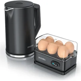 Arendo Frühstücks-Set Edelstahl Wasserkocher 1,5 l Schwarz