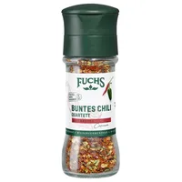Fuchs Gewürze - Buntes Chili Quartett geschroten - Gewürzmischung aus Jalapeño, Ancho Chili und Chipotle Chili mit verstellbarem Mahlwerk - 40 g in wiederverwendbarer Mühle