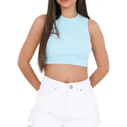 Sixth June Damen Baumwoll-Top geripptes Crop-Top Sommer-Top W4267KTO Hellblau - L