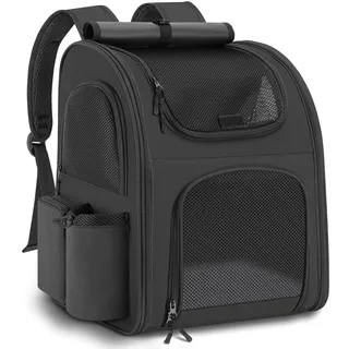 Hunderucksack bis 10kg, Haustier Rucksack mit Netzfenster, Faltbare Katzenrucksack Hunde Rucksack, Atmungsaktive und Leichte Dog Cat Backpack mit Innerer Sicherheitsleine und Haustiermatte - Schwarz