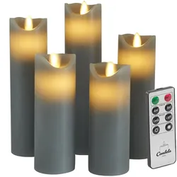 Candela Lights LED Kerzen 5er Set Stumpenkerze grau Echtwachs mit Fernbedienung Timer Funktion & mehrstufig dimmbar bewegliche Flamme Echtwachskerzen