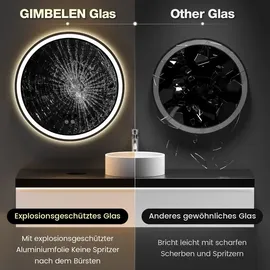 gimbelen Runder Spiegel mit Beleuchtung, 50 cm, Badspiegel mit Beleuchtung, mit Touch-Schalter und Sicherheitsglas, 3 Lichtfarben Einstellbar, 3000... / Schwarz