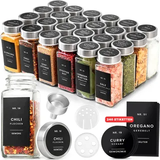 EDELHAUS Gewürzgläser Eckig Set mit Edelstahl Deckel (24 x 120ml) Gewürzstreuer mit Streueinsatz und 240 Etiketten Schwarz - Hochwertige Gewürzbehälter, Gewürzdosen, Gewürze organizer [10,7cm x 4,5cm]