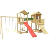Jungle Gym Spielturm JUNGLE GYM "Stronghold", rot, Spieltürme, KinderB:394cm H:310cm T:626cm, Holz, Spielanlage mit 2 Türmen, Schaukel und Rutsche mit Wasseranschluss, B:394cm H:310cm T:626cm