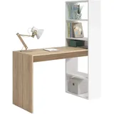 Habitdesign Wendbarer Schreibtisch mit Bücherregal mit fünf Regalen, Farbe Weiß und Eiche, Maße 120 x 144 x 53 cm