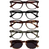 OPULIZE ORA Lesebrille für Damen und Herren mit Lesesonnenbrille, Blendfreie UV400-Schutz Federscharnier Anti-Müdigkeit, Runder Rahmen, 5er-Pack Schwarz, Dunkel braun, Braun & Grau Braun +1,00