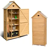 HOMASIS Gerätehaus Holz, Gartenschrank wetterfest Outdoor, 80x45x177cm, Gartenhaus mit 5 Ablagen, Geräteschuppen mit Satteldach, Gartenschuppen Gartenhütte Geräteschrank Holzhaus, Natur