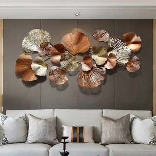 Metall-Wanddekoration – Metall Kreative Ginkgo Biloba– 3D StereoMetall Wanddeko Büro Dekoration Wohnzimmer Deko Metallskulptur Art Deco,Gold