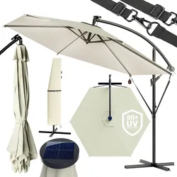 Kingsleeve Sonnenschirm 350 cm LED Beleuchtung UV Schutz 80+ Schutzhülle Windsicherung Solar Kurbel Ampelschirm creme