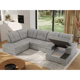 MKS Meble Ecksofa Wohnlandschaft U-Form, Sofa mit Schlaffunktion, Schlafsofa mit bettkasten, Couch mit Schlaffunktion - Hellgrau Velvet - Madrito U... - Hellgrau