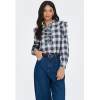 Only Langarmbluse "ONLFIGA L/S FLOUNCE TOP WVN", Damen, Gr. M, cloud dancer checks:night sky, Web, Obermaterial: 100% Baumwolle, kariert, regular fit hüftlang, Blusen
