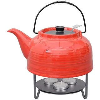 Teeservice „Nelly“. Moderne Teekanne 1,5 Liter in rot-schwarz aus hitzebeständiger Keramik mit Edelstahlfilter und Metall-Stövchen.