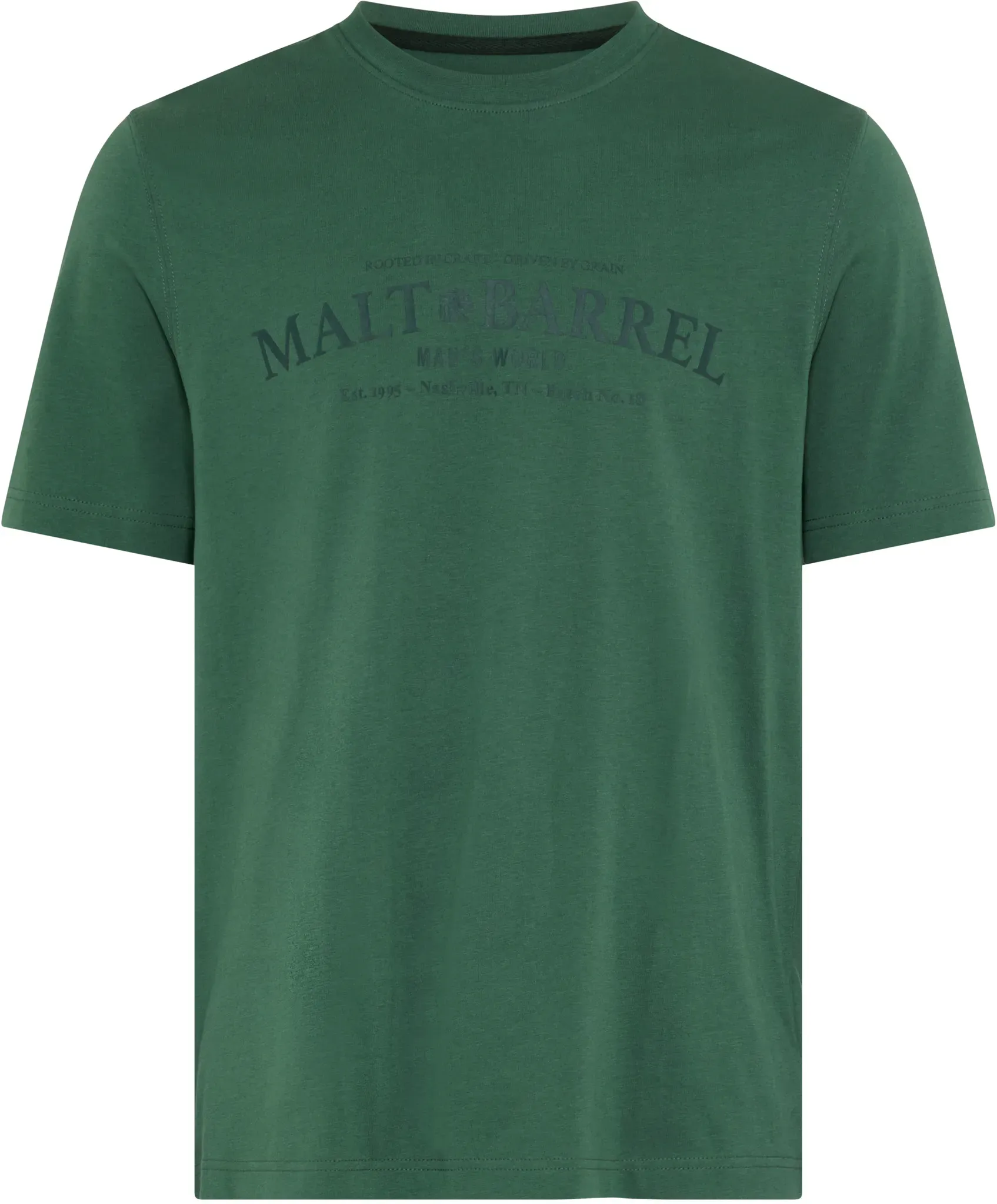 Rundhalsshirt MAN'S WORLD, Herren, Gr. XL (56/58), dunkelgrün, Single Jersey, Obermaterial: 100% Baumwolle, bedruckt, Rundhals, abgesteppt, Shirts Rundhalsshirt, normale Passform, Kurzarm, bedruckte Optik mit Print-Applikation