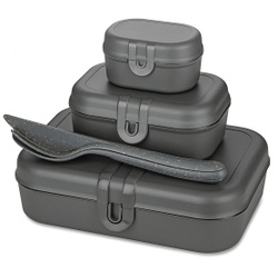 Koziol Lunchbos Set PASCAL READY inkl. Besteck, 4-teilig, Ideale Brotdosen für den Alltag im Büro oder in der Schule, 1 Set, Farbe: dunkelgrau