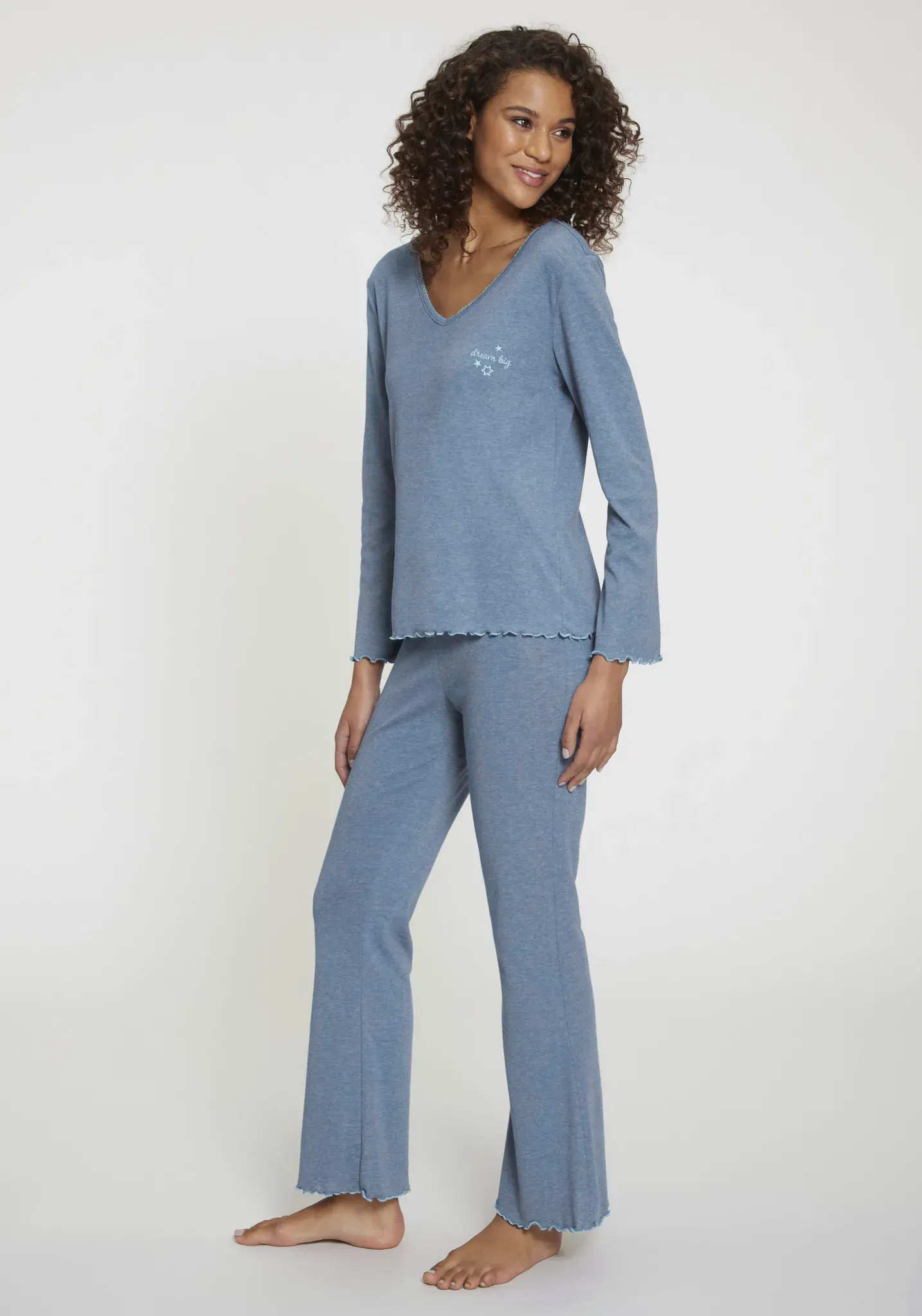 Pyjama S.OLIVER Gr. 36/38, blau (blau meliert) Damen Homewear-Sets mit Babylock-Abschlüssen