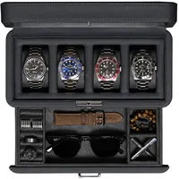 ROTHWELL Luxus Uhrenbox für 4 Uhren - PU Leder Uhrenbox mit Echtglasdeckel - Ausziehbare Zubehörschublade mit mehreren Konfigurationen (Carbon)