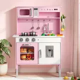 Vevor Spielküche für Kinder, Kinderküche aus Holz mit Licht & Sound, Holzküche mit Herd Backofen Spüle Mikrowelle Eisspender & Getränkespender, Küchenspielzeug mit Kochset für Kinder ab 3 Jahren, Rosa