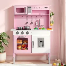 Vevor Spielküche für Kinder, Kinderküche aus Holz mit Licht & Sound, Holzküche mit Herd Backofen Spüle Mikrowelle Eisspender & Getränkespender, Küchenspielzeug mit Kochset für Kinder ab 3 Jahren, Rosa