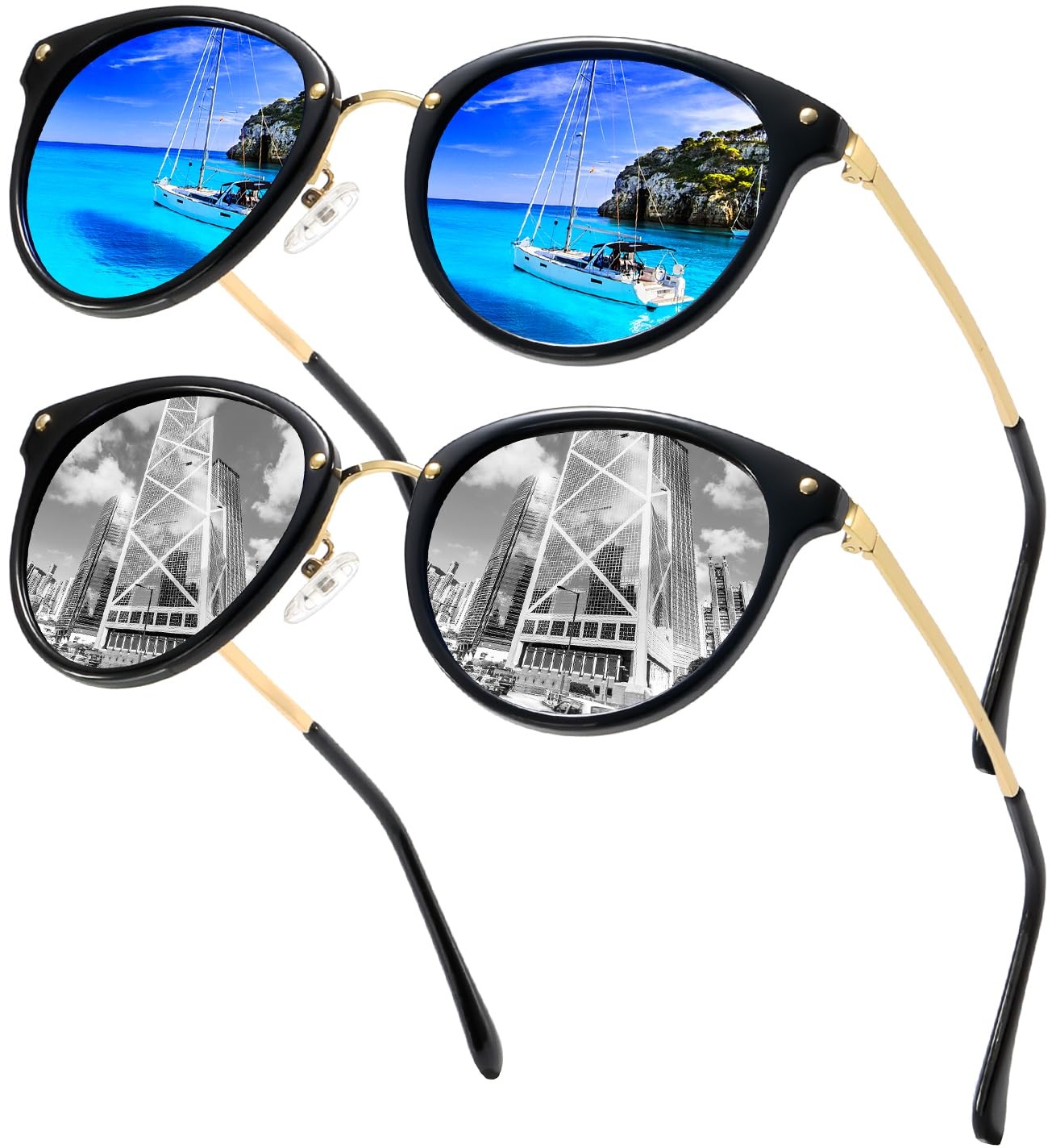 Cleoxyge 2 Stück Verspiegelt Polarisierte Sonnenbrille-Herren-Damen,Vintage Elegant Metallrahmen UV400-Schutz Outdoor Für Angeln Fahren Reisebrille Mode Sonnenbrille