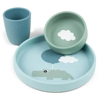 Done by Deer Silikon Geschirr-Set Happy clouds Blau - Kinderteller Ø18, Schüssel Ø10 und Trinkbecher aus 100% Silikon in Lebensmittelqualität