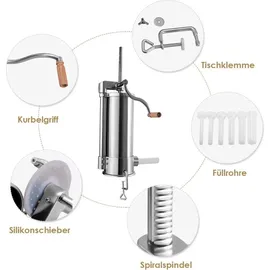 Costway Wurstfüller manuell, Wurstmaschine aus Edelstahl, Wurstfüllmaschine silber, Wurstpresse mit Tischklemme, Wurstspritze inkl. Füllrohre