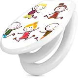 banjado Familien WC Sitz mit Absenkautomatik 44,9x37,1cm - Klobrille mit Kindersitz aus hochwertigem Polypropylen - Toilettendeckel mit Kinder Toilettensitz integriert - Motiv Happy Kids