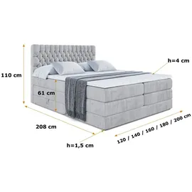 altdecor Boxspringbett mit Matratze, Topper, Polsterbett mit, Bettkasten SERENE KING - 160x200 - Grau Monolith