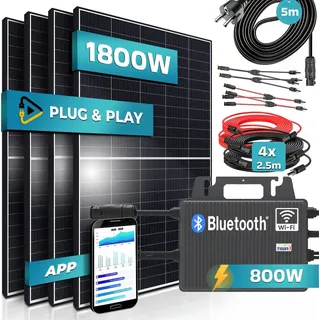 sunniva SUNNIVA® 1800W Balkonkraftwerk 800W komplett Steckdose - TSUN 800W Wechselrichter - PV Solaranlage Komplettset - 4x 450W (1800W) Solarmodule - inkl. 5m Kabel - Bluetooth, WIFI