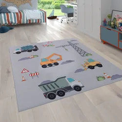 Kinderteppich PACO HOME "Bino 579" Teppiche Gr. B: 200cm, 4mm, L: 200cm, grau Kinder Spielteppich, Motiv Autos & Baustelle, Kinderzimmer