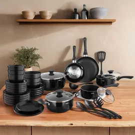 Tectake tectake® Küchenstarterset, Geschirrset aus Steingut, mit Glasur, hitzebeständig und kratzfest, inklusive 5 Küchenwerkzeugen