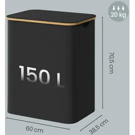 Songmics Boxxx Wäschekorb, Schwarz, Metall, Kunststoff, Textil, Naturmaterialien, Lederlook, 150 L, rechteckig, 60x70.5x38.5 cm, Tragegriffe, Deckel, zusammenfaltbar, Ordnen & Aufbewahren, Wäschekörbe & Tonnen