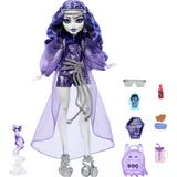 Monster High Spectra Vondergeist mit Frettchen Rhuen und Zubehörteilen wie Rucksack, Tablet, Snacks und mehr, HXH77