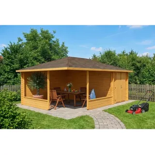 Alpholz 5-eck Gartenlaube Maik-40 Mit Anbau Gartenlaube Aus Holz In Pinie, Blockhaus Mit 40 Mm Wandstärke, Holzhaus Mit Montagematerial - Alpholz