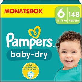 Pampers Windeln Größe 6 (13-18kg) Baby-Dry Gr. 13-18 kg, Monatsbox 148 Stück
