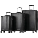 Flieks Kofferset 3 Stück, Trolley Hartschale Reisekoffer Set 3 teilig, Handgepäck Koffer Hartschalenkoffer mit Schwenkrollen, Schwarz - Schwarz