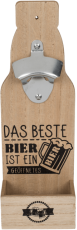 Metall Flaschenöffner auf Holzbrett mit Spruch "Das beste Bier ist ein geöffnetes"