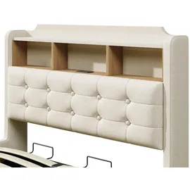 stilvora Polsterbett 140x200 cm mit LED-Lichtleiste und hydraulischem Stauraum, Doppelbett mit Staufächern und schwebendem Design, Jugendbett mit ... - Beige