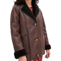 nachhaltige Damen Lederimitat-Jacke mit Kunstlammfell-Kragen Oversized-Jacke 950768 Braun - 46
