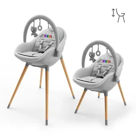 Kinderkraft FINI UP Hochstuhl 3 in 1, Baby Hochstuhl mit Wippe, mitwachsend bis 20 kg, verstellbares Tablett, 5-Punkt-Gurt, Neugeborenen-Einlage, Holzbeine, Grau