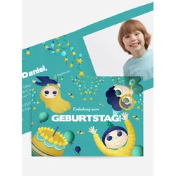 Einladungskarten Kindergeburtstag selbst gestalten mit Spruch und Fotos im Onlinedesigner bei Meine-Kartenmanufaktur.de