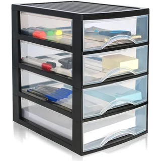 Hausfelder Schubladenbox a4, Box mit 4 Schubladen aus Kunststoff, Organizer für Büro, Schreibtisch, Ablage, stapelbar und transparent