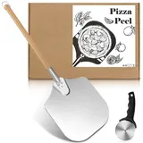 PleaFind Pizzaschieber Aluminium Pizzaschaufel, Antihaft-Pizzaschieber 12 Zoll mit faltbarem Holzgriff für einfache Lagerung, Pizzaofen-Zubehör mit Edelstahl-Pizzaschneiderad zum Backen von Pizzen