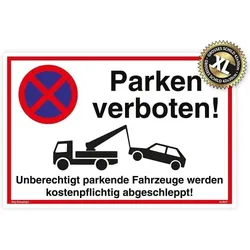 Großes Schild Parken verboten weiß | stabiles Alu-Schild mit UV-Schutz 42 x 30cm